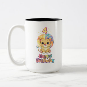 Custom Name 4th Birthday Cute Lion Two-Tone Coffee Mug