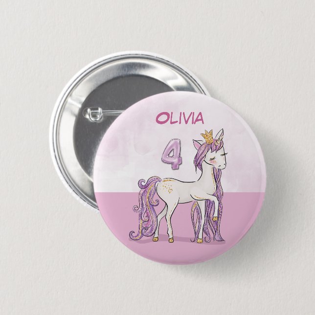 Custom Name 4th Birthday Pink Horse With Crown 2 Inch Round Button (Front & Back)