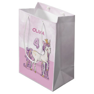 Custom Name 4th Birthday Pink Horse With Crown Medium Gift Bag