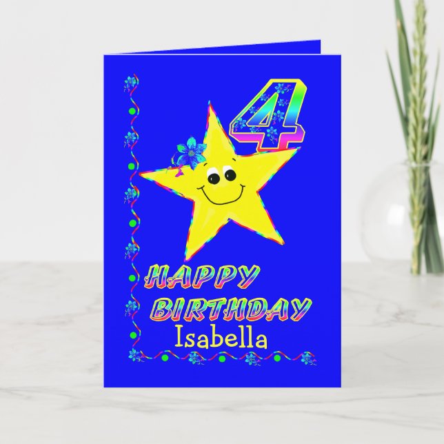 Custom Name 4th Birthday Stars Card (Front)
