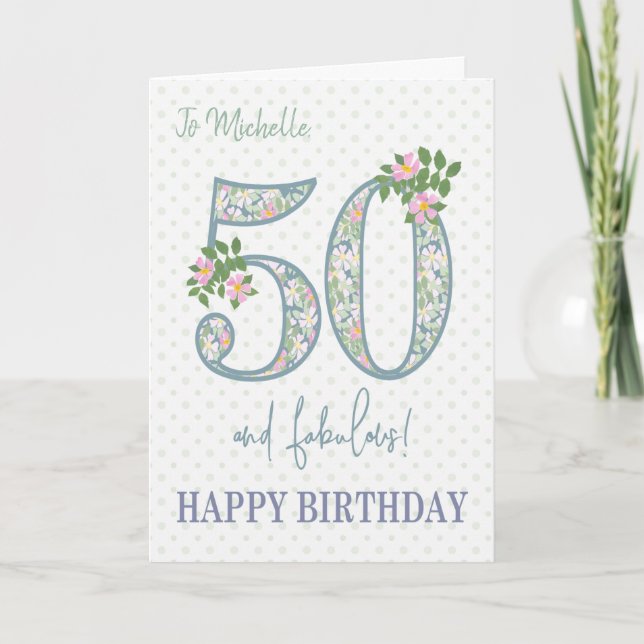 Custom Name 50th Birthday Floral and Polkas Card (Front)