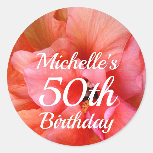 Custom Name 50th Birthday Orange Pink Flower Photo Classic Round Sticker (Front)