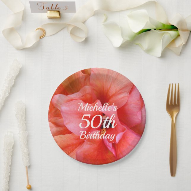 Custom Name 50th Birthday Tropical Flower Photo Paper Plate (Wedding)