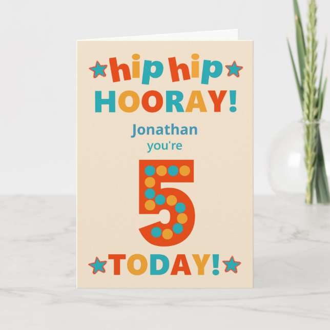 Custom Name 5th Birthday Hip Hooray Card (Front)