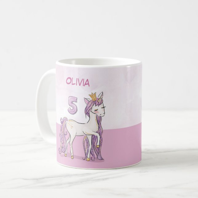 Custom Name 5th Birthday Pink Horse With Crown Coffee Mug (Front Left)