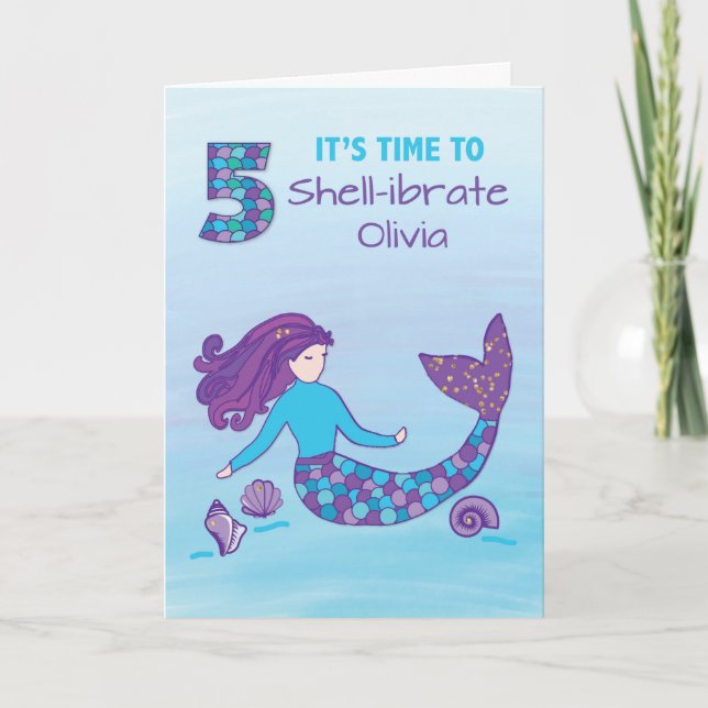 Custom Name 5th Birthday Sparkly Look Mermaid Card (Front)