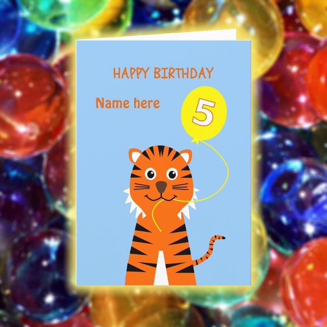 Custom name 5th birthday tiger pale blue card (Creator Uploaded)