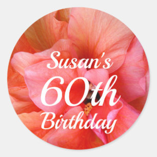 Custom Name 60th Birthday Pink Orange Flower Photo Classic Round Sticker