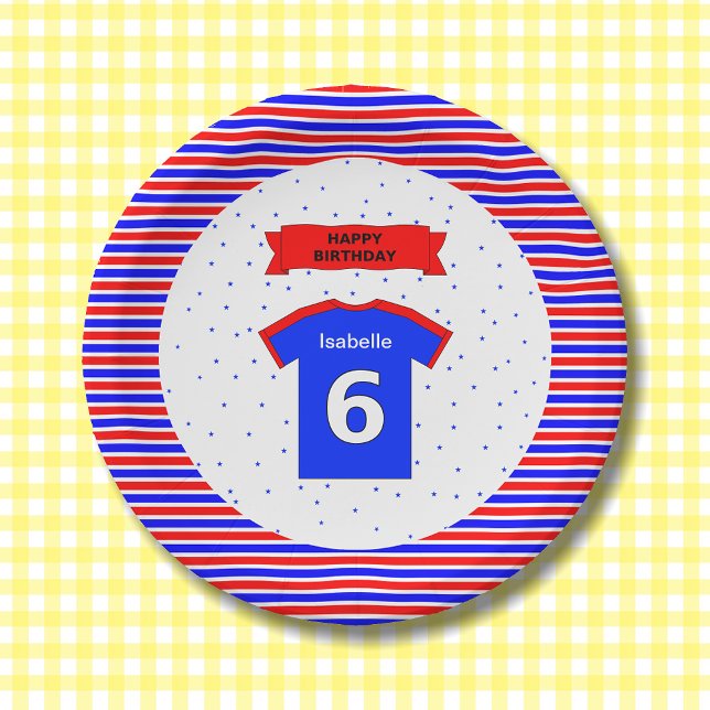 Custom name 6th birthday party red blue paper plate (Creator Uploaded)