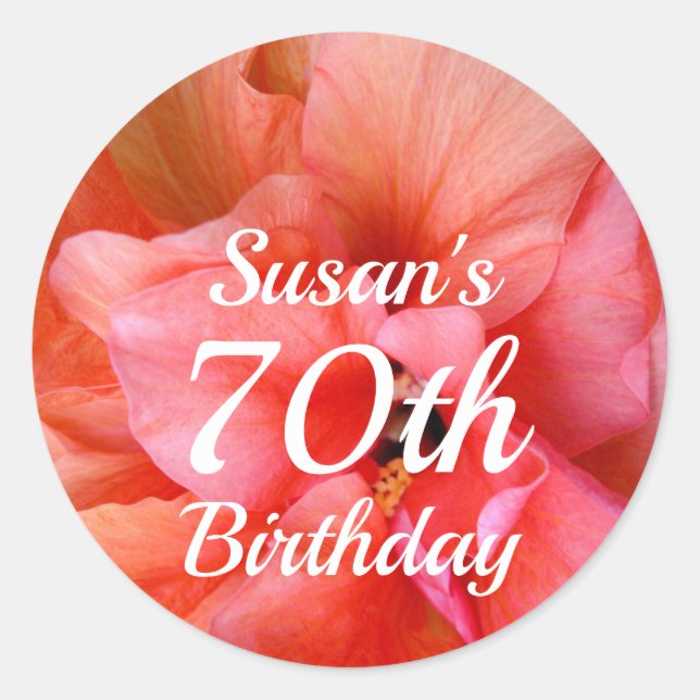 Custom Name 70th Birthday Pink Orange Flower Photo Classic Round Sticker (Front)