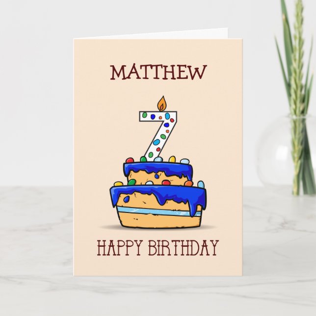 Custom Name, 7th Birthday, 7 on Sweet Blue Cake Card (Front)