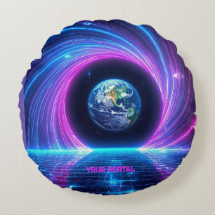 Custom Name 80s Retro Neon Planet Portal Round Pillow