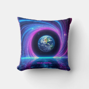 Custom Name 80s Retro Neon Planet Portal Throw Pillow