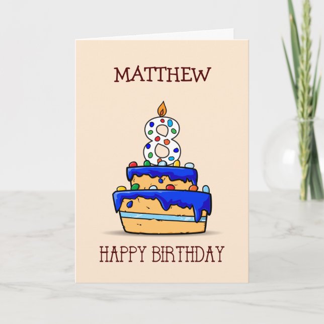 Custom Name, 8th Birthday, 8 on Sweet Blue Cake Card (Front)