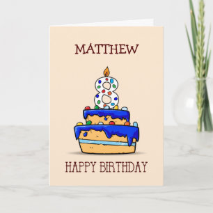 Custom Name, 8th Birthday, 8 on Sweet Blue Cake Card