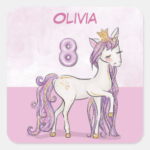Custom Name 8th Birthday Pink Horse With Crown Square Sticker