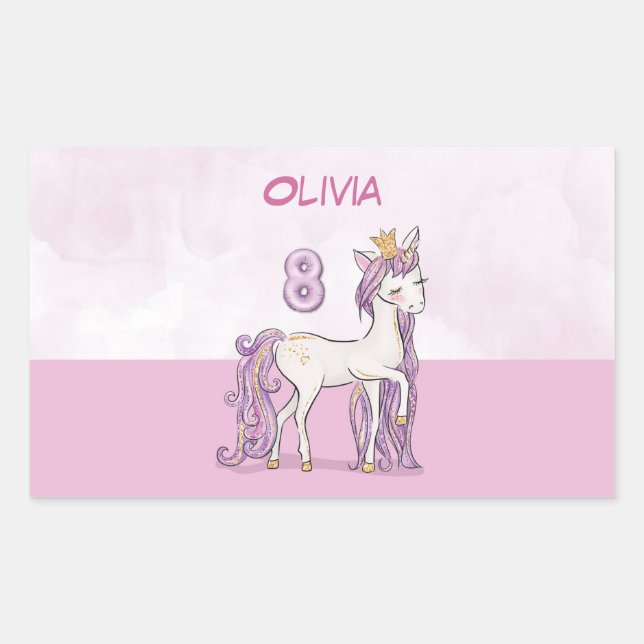 Custom Name 8th Birthday Pink Horse With Crown Sticker (Front)