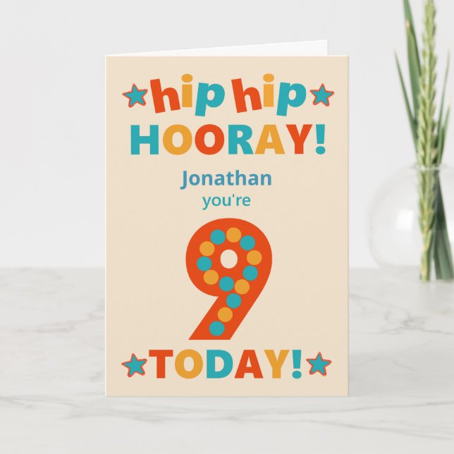 Custom Name 9th Birthday Hip Hooray Card (Front)