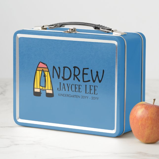 Custom Name A Pencil Design Blue Metal Lunchbox (In Situ)