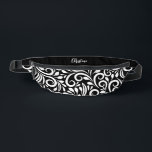 Custom Name Abstract Floral Elegant Black & White Fanny Pack<br><div class="desc">This unique fanny pack design is whimsical and stylish. The front background consists of an abstract white floral pattern on a classic black background. The area above the zipper is solid black and is perfect for your custom name or short text in stylish white script. All colours in this design...</div>