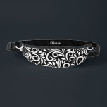 Custom Name Abstract Floral Elegant Black & White Fanny Pack<br><div class="desc">This unique fanny pack design is whimsical and stylish. The front background consists of an abstract white floral pattern on a classic black background. The area above the zipper is solid black and is perfect for your custom name or short text in stylish white script. All colours in this design...</div>