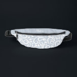 Custom Name Abstract Floral Elegant Girly Blue Fanny Pack<br><div class="desc">This unique fanny pack design is whimsical and feminine. The front background consists of an abstract white floral pattern on a soft blue background. The area above the zipper is solid blue and is perfect for your custom name or short text in stylish white script. All colours in this design...</div>