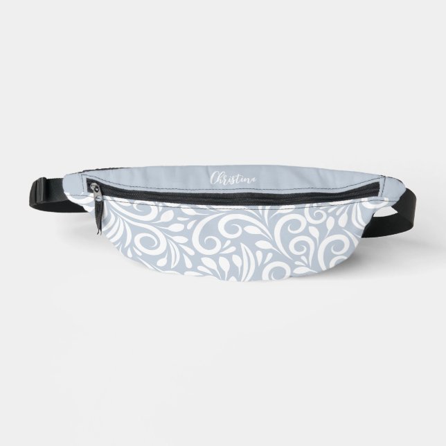 Custom Name Abstract Floral Elegant Girly Blue Fanny Pack (Front)