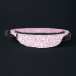 Custom Name Abstract Floral Elegant Girly Pink Fanny Pack<br><div class="desc">This unique fanny pack design is whimsical and feminine. The front background consists of an abstract white floral pattern on a soft pink background. The area above the zipper is solid pink and is perfect for your custom name or short text in stylish white script. All colours in this design...</div>
