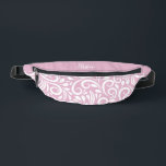 Custom Name Abstract Floral Elegant Girly Pink Fanny Pack<br><div class="desc">This unique fanny pack design is whimsical and feminine. The front background consists of an abstract white floral pattern on a soft pink background. The area above the zipper is solid pink and is perfect for your custom name or short text in stylish white script. All colours in this design...</div>