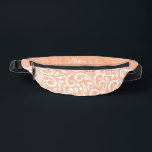 Custom Name Abstract Floral Elegant Peach White    Fanny Pack<br><div class="desc">This unique fanny pack design is whimsical and feminine. The front background consists of an abstract white floral pattern on a trendy peach background. The area above the zipper is solid peach and is perfect for your custom name or short text in stylish white script. All colours in this design...</div>