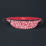 Custom Name Abstract Floral Elegant Red White Fanny Pack<br><div class="desc">This unique fanny pack design is whimsical and feminine. The front background consists of an abstract white floral pattern on a classic red background. The area above the zipper is solid red and is perfect for your custom name or short text in stylish white script. All colours in this design...</div>