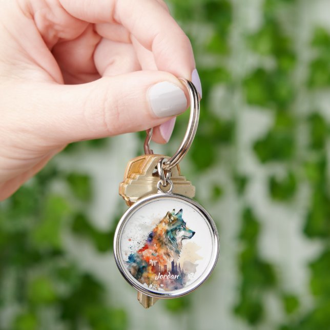 Custom Name Abstract Stylized Wolf Head Keychain (Hand)