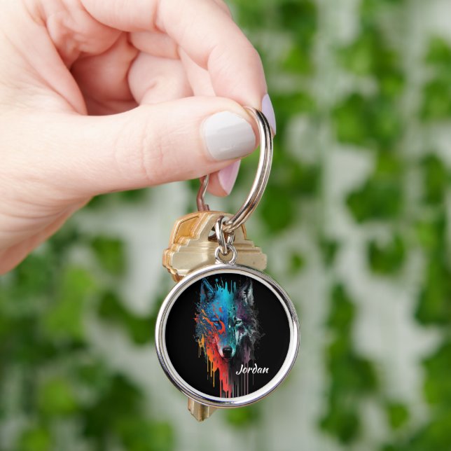 Custom Name Abstract Stylized Wolf Head Keychain (Hand)