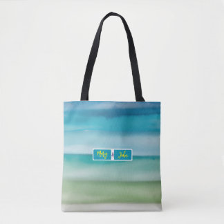 Custom Name Abstract Watercolor Ocean Horizon Art Tote Bag