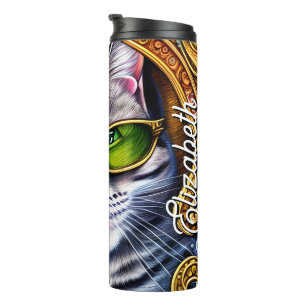 Custom Name Adorable Cat Wearing Glasses Thermal Tumbler