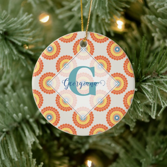 Custom Name Aegean Summer Radiant Dot Mandala Ceramic Ornament (Tree)