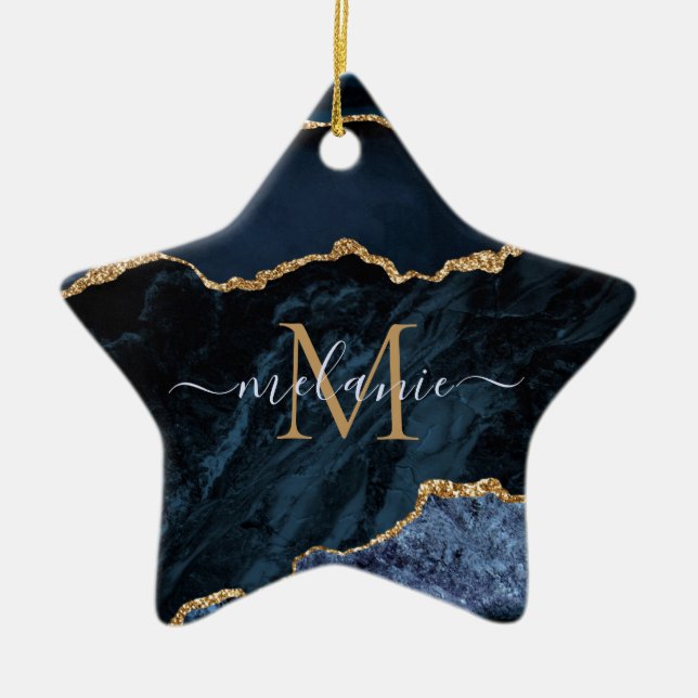 Custom Name Agate Navy Blue Gold Gemstone Marble Ceramic Ornament (Front)