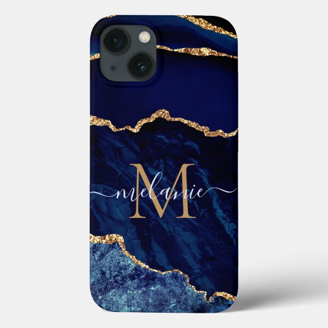 Custom Name Agate Navy Blue Gold Geode Marble Case-Mate iPhone Case (Back)