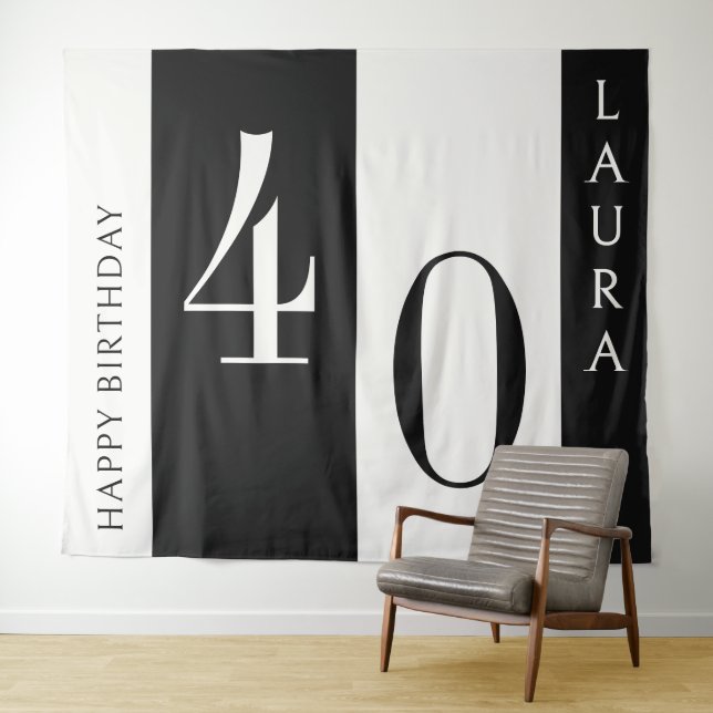 Custom Name & Age Banner, Black and White Birthday Tapestry (In Situ (Horizontal))