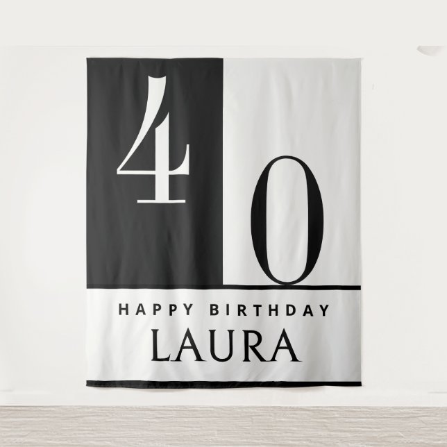 Custom Name & Age Banner, Black and White Birthday Tapestry (Front)