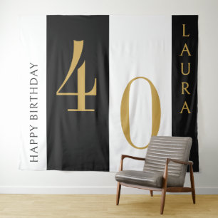 Custom Name & Age Banner Black Gold White Birthday Tapestry