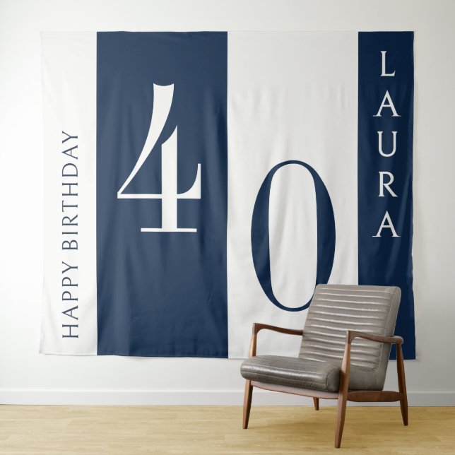 Custom Name & Age Banner, Navy and White Birthday Tapestry (In Situ (Horizontal))