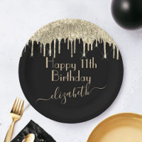 Custom Name + Age Black and Gold Dripping Glitter