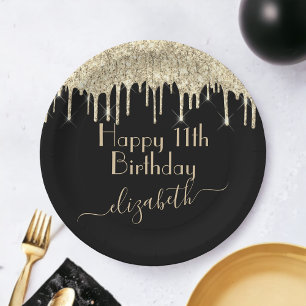 Custom Name + Age Black and Gold Dripping Glitter Paper Plate