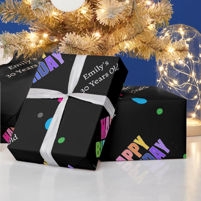 Custom Name Age Gold Back Happy Birthday Girl  Wrapping Paper (Holidays)