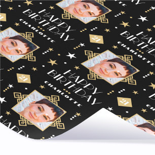 Custom Name Age Photo Art Deco Birthday Black Wrapping Paper