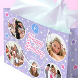 Custom Name Age Photo Collage Birthday Star Purple Large Gift Bag<br><div class="desc">Say "Happy Birthday" with this cute personalized gift bag,  featuring five of your favourite photos! Celebration balloon and stars in purple,  pink,  white and blue.</div>