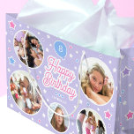 Custom Name Age Photo Collage Birthday Star Purple Large Gift Bag<br><div class="desc">Celebrate a special birthday with a custom photo gift bag! This cute template is personalized with your child's name,  age and five favourite photographs! A unique and stylish design,  featuring round picture frames,  with a balloon,  and stars. Printed colours: lilac purple,  candy pink,  blue and white.</div>