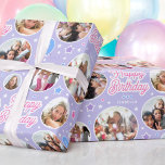 Custom Name Age Photo Collage Birthday Star Purple Wrapping Paper<br><div class="desc">Say "Happy Birthday" with this cute personalized wrapping paper,  featuring six of your favourite photos! Celebration balloons and stars in purple,  pink,  white and blue.</div>