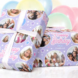 Custom Name Age Photo Collage Birthday Star Purple Wrapping Paper<br><div class="desc">Celebrate a special birthday with custom photo gift wrap! This cute and stylish template is personalized with your child's name,  age and six favourite photographs! A seamless pattern wrapping paper,  featuring round picture frames,  with a balloon,  and stars. Printed colours: lilac purple,  candy pink,  blue and white.</div>